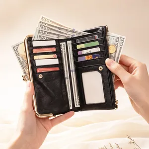 Retro long women wallet with kiss-lock clasp, multiple card slots and zipper pocket for daily use.
