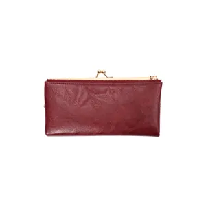 Women long retro red kiss-lock wallet clutch bag with zipper pocket and multiple card slots.