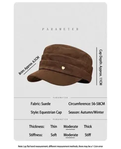 Brown suede cadet cap detail showing retro pleated design, gold heart charm, and sizing data.