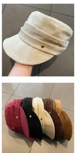 Women Vintage Suede Flat Top Hat Pleated Military Cap Octagonal Beret Spring Autumn