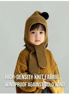 Kids winter knitted balaclava hat with warm scarf, windproof thick earflap cute beanie cap