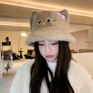 Cute plush cat ear bucket hat with sweet bow, warm winter plush basin hat for women.