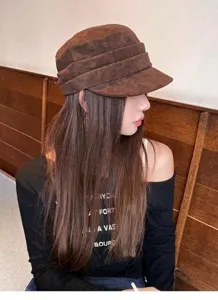 Stylish brown suede newsboy cap, retro casual flat top equestrian hat with wide brim.