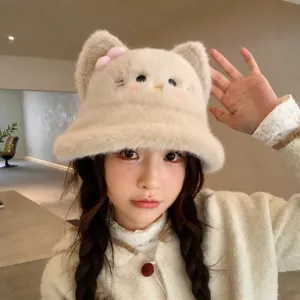 Cute plush cat ear bucket hat for women, fuzzy warm winter fisherman cap with bowknot.