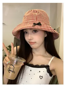 Cappello a secchiello a quadri rossi per donna, bel fiocco e protezione solare estiva casual.