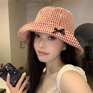 Cappello da Pescatore Estivo da Donna Carino a Quadri con Fiocco Protezione Solare Viaggio Spiaggia