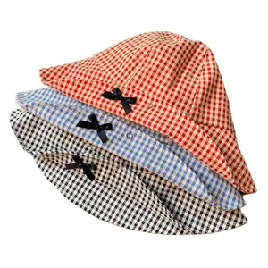 Cappello da pescatore a quadri con fiocco stile coreano donna estate protezione solare.