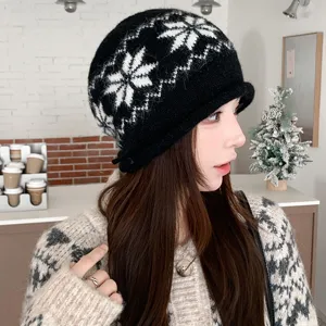 Winter warm jacquard knit beanie hat for women, stylish rolled edge fashion wool cap.