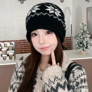 Cozy black white jacquard knit beanie hat, winter warm earflap cap for women details.