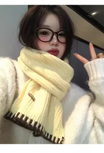 Yellow knitted scarf for women, winter warm cozy neck warmer with contrast stripes and tag.
