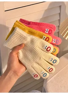 Cute cartoon big mouth knitted gloves, thick warm five-finger woolen gloves for winter daily wear.