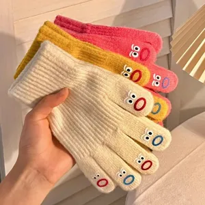 Women Winter Warm Knit Gloves Cute Cartoon Monster Embroidery Thickened Touch Screen Thermal Cycling Gloves