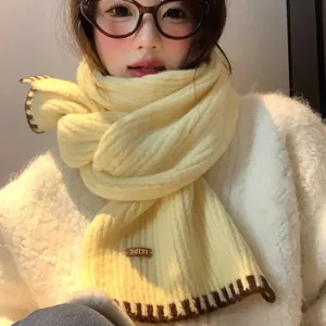 Women Thickened Warm Knitted Scarf Autumn Winter Two Tone Edge Solid Color Soft Cold Proof Neck Protection Scarf