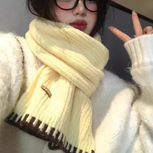 Yellow knitted scarf for women thick warm winter neck warmer with brown contrast stripes