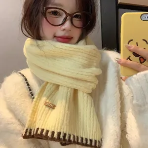 Cozy yellow winter knit scarf for women, thick warm wool neck warmer with fringe.