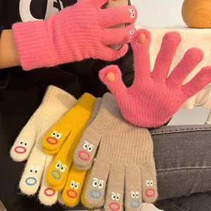 Cute funny eye knit gloves winter warm thick five finger touchscreen gloves for women