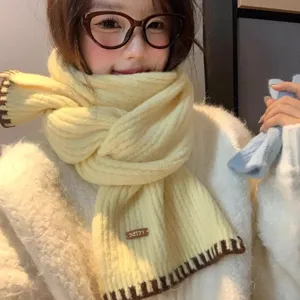 Chic yellow knitted scarf for women, cozy winter warm thick wool neck warmer fashion.