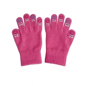 Cute pink knitted touch screen gloves for women, warm winter five finger thermal gloves.