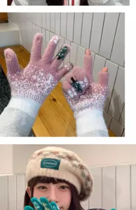 Cozy winter warm knit gloves and beret set for women, cute Christmas tree pattern design.
