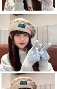 Women winter thick warm fingerless gloves and cute beret set for cold weather wear.