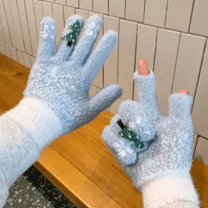 Winter warm fuzzy convertible fingerless touchscreen gloves with Christmas tree pattern