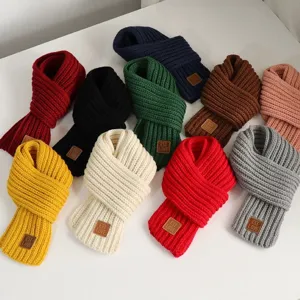 Kids Winter Warm Knitted Scarf Cute Solid Color Soft Woolen Scarf With Leather Tag Children Cold Protection Neck Warmer