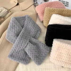 Solid color plush cross scarf winter thick warm neck warmer for women furry fashion collar