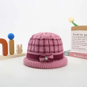 Thickened winter knit hat for elderly women, cozy warm wool cap with bow and rhinestone.