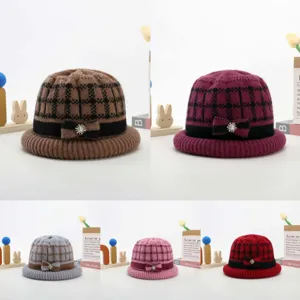 Thickened knit winter warm hat for elderly women, vintage plaid design with bow and rhinestone.