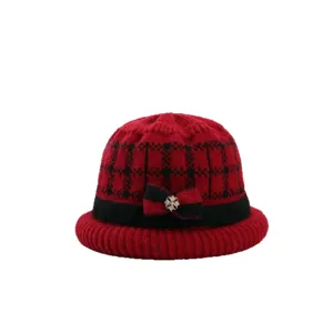 Winter warm knitted wool hat for elderly women, classic red black plaid bucket cap with bow.