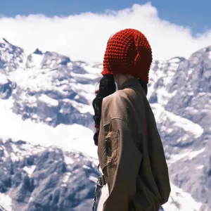 Women red knit beanie hollow out winter warm wool cap outdoor travel main product view