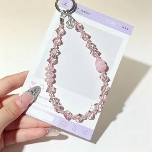 Pink crystal beaded phone chain luxury keychain cute bag charm aesthetic accessory for women