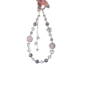 Ins Style Purple Crystal Beaded Phone Chain with Double Star Tassel Bag Charm Keychain