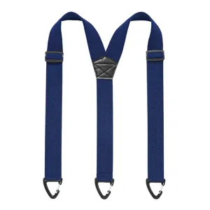 Blauwe elastische Y-vormige heren bretels met stevige driehoekige clips en lederen stuk.