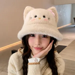 Cute Plush Cat Ear Bow Bucket Hat For Women Autumn And Winter Warm Basin Hat Sweet Furry Fisherman Cap