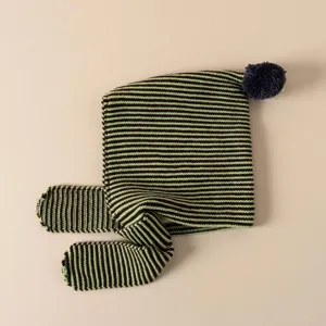 Kids striped knit hat with long earflaps and pom pom warm winter beanie detailed view