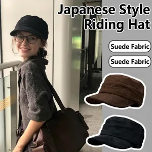 Women's Vintage Suede Flat Top Riding Hat Pleated Casual Beret Wide Brim Newsboy Cap Fashion Autumn Accessories