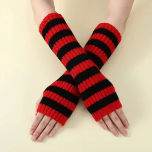 Red and black striped knit arm warmers, cozy fingerless gloves for women, autumn winter warmth.