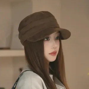Brown suede equestrian flat cap, wide brim pleated vintage beret for women autumn style.