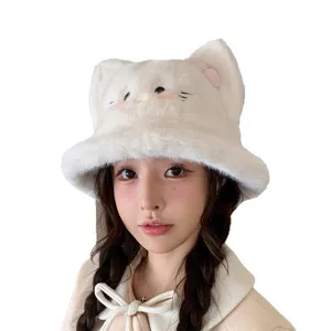 Cute cat plush bucket hat for women, fluffy winter warm sweet style cute ears cap white.