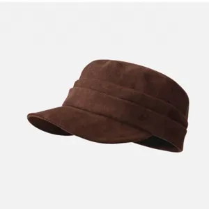Brown suede flat top cadet hat with pleated design and wide brim for vintage casual wear.