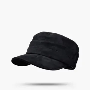 Black suede flat top military cap with stylish pleats and wide brim for women and men.