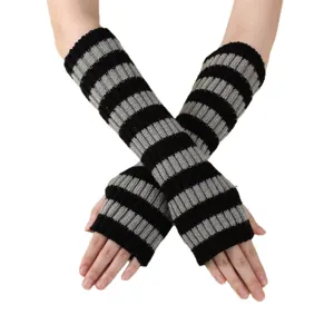 Black and grey striped knitted fingerless gloves for women, warm winter long arm warmers sleeves.