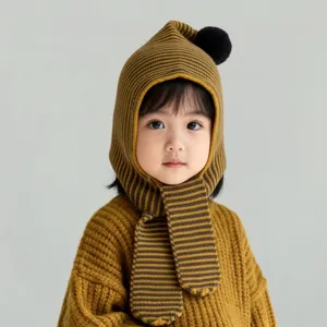 Kids Winter Knitted Balaclava Warm Scarf Cute Pom Pom Hat Windproof Ear Protection Cap