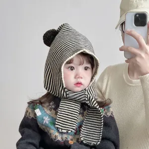 Kids winter warm knitted hat scarf combo cute striped balaclava ear protection beanie
