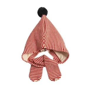 Kids winter warm knitted hat and scarf all-in-one red white striped beanie with pom pom