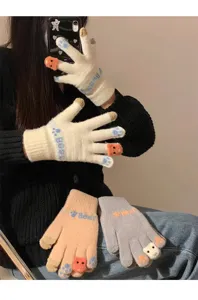 Mujeres invierno grueso caliente pantalla tactil guantes de punto oso gracioso
