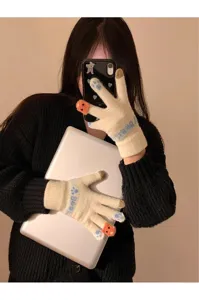 Guantes de invierno de felpa bonitos para mujer, guantes de punto táctiles cálidos y gruesos.