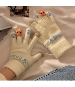 Guantes de invierno táctiles de punto para mujer, diseño cálido con bonito estampado de oso.