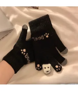 guantes de punto táctiles de felpa lindos invierno cálidos negros de dedos separados